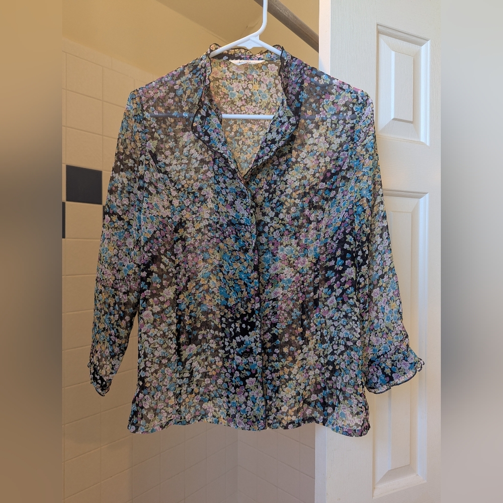 NWOT Black Blue Pink Multicolor Button-Up Blouse Size L